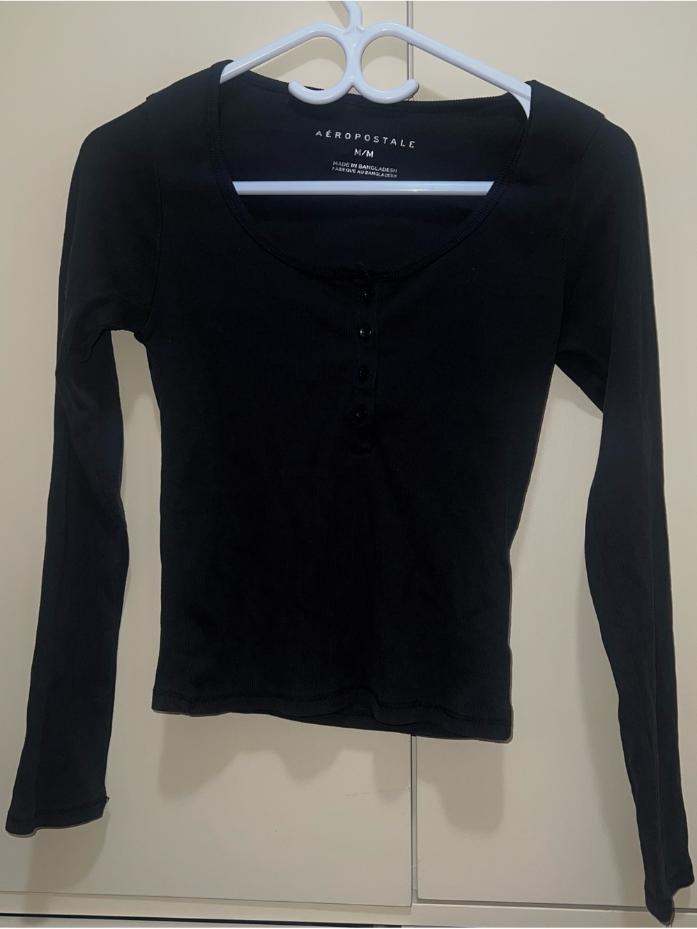 Aeropostale Black Long Sleeve Henley Scoop Neck Top - Button Front